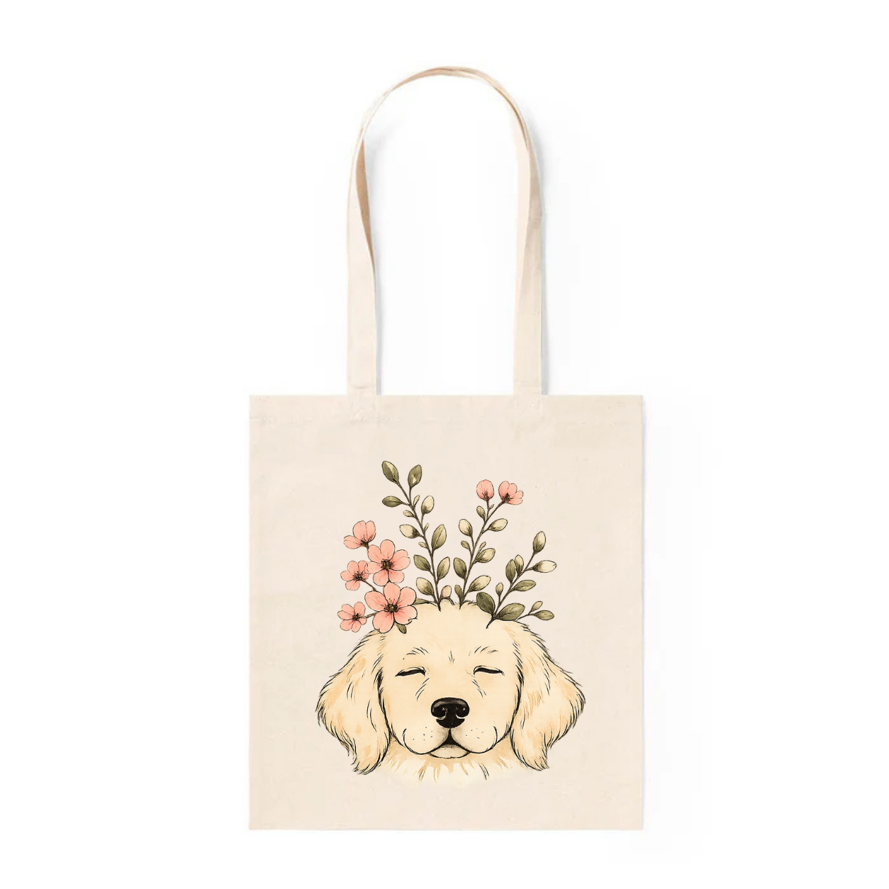 Tote Bag Algodón Perros – Perrito Floral | Bolsa Tela Regalo 38x42 cm