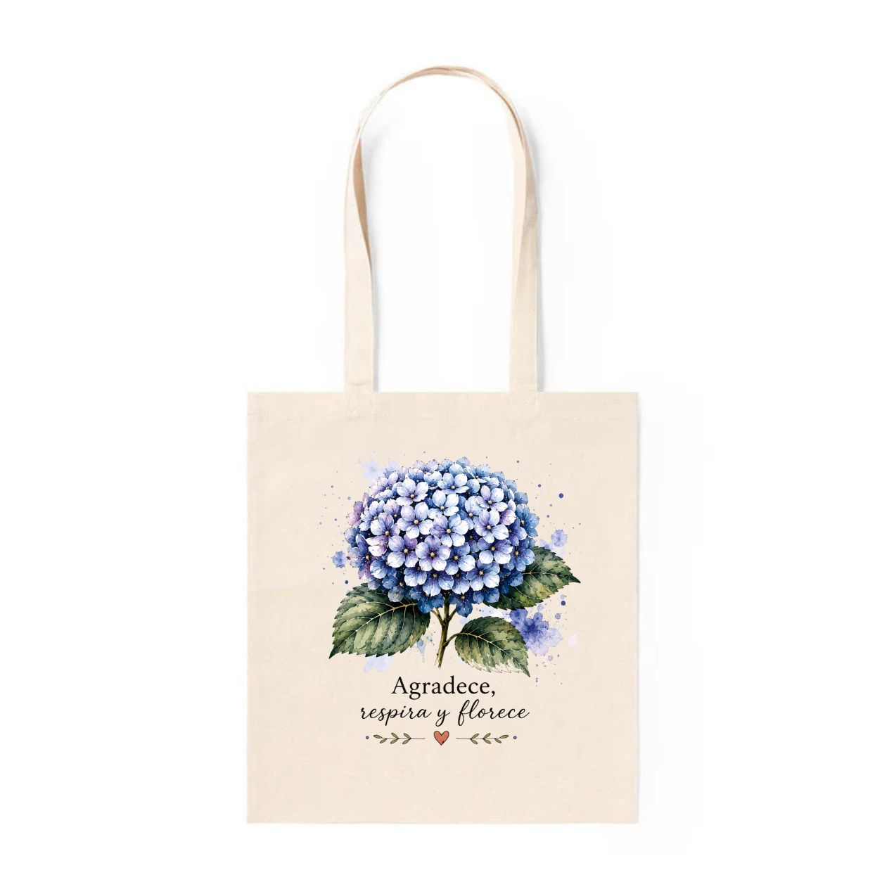 Tote Bag Agradece, Respira y Florece - diseño hortensia azul acuarela
