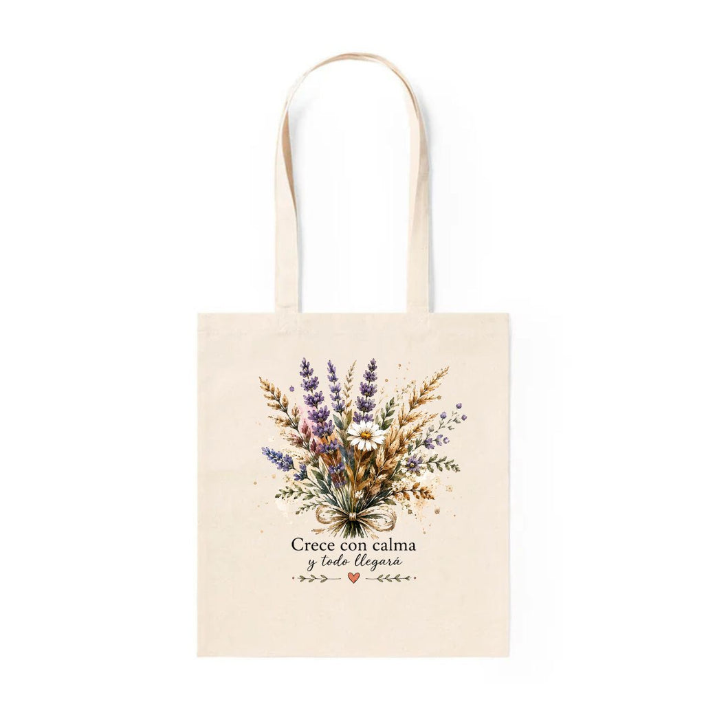 Tote Bag Crece con Calma y Todo Llegará - diseño ramo lavanda acuarela