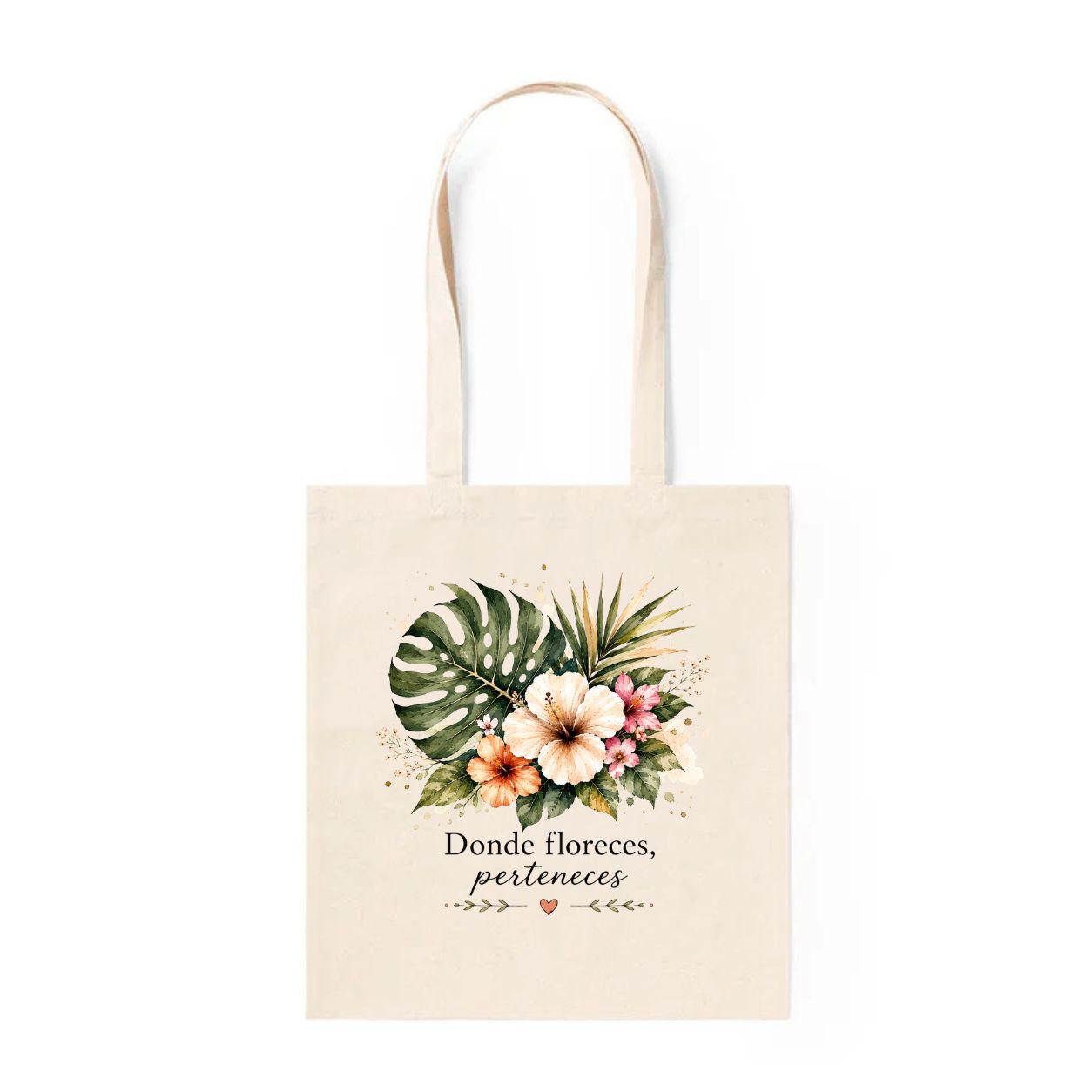 Tote Bag Donde Floreces Perteneces - diseño tropical monstera hibisco acuarela