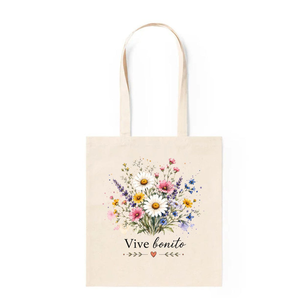 Bolsa de tela crema con flores silvestres en acuarela y texto Vive bonito