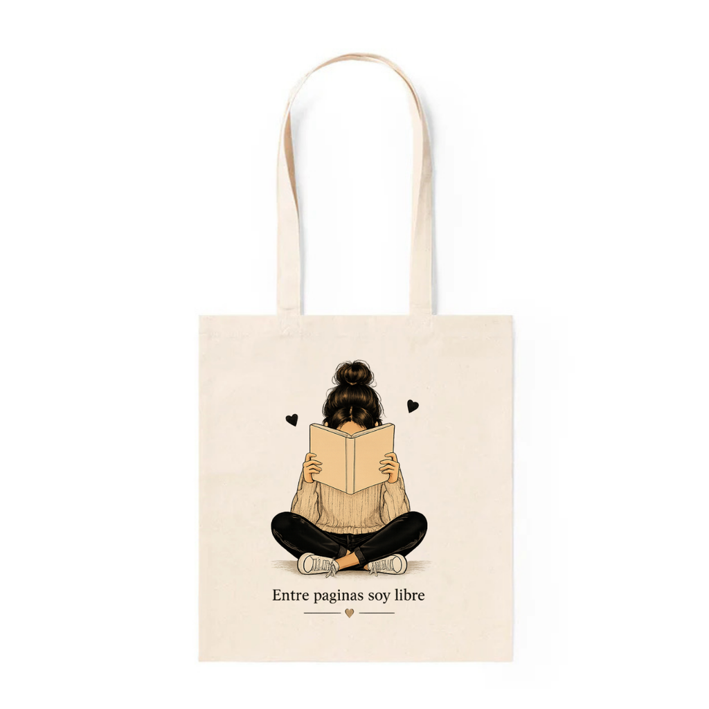 Tote Bag Algodón Lectora – Entre Páginas Soy Libre | Bolsa Tela Regalo 38x42 cm