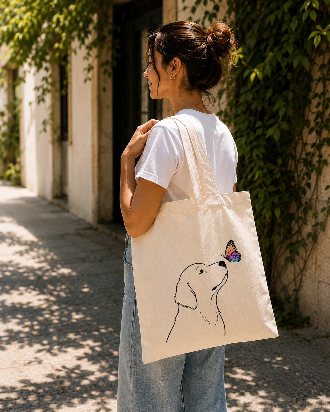 Tote Bag Algodón Perros – Amigo Mariposa | Bolsa Tela Mujer 38x42 cm