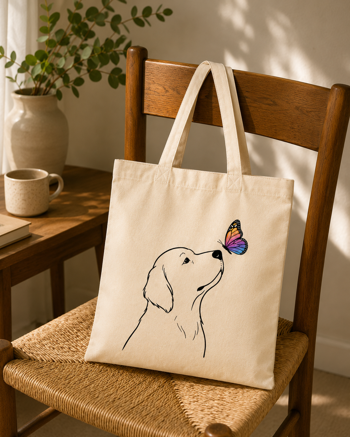 Tote Bag Algodón Perros – Amigo Mariposa | Bolsa Tela Mujer 38x42 cm