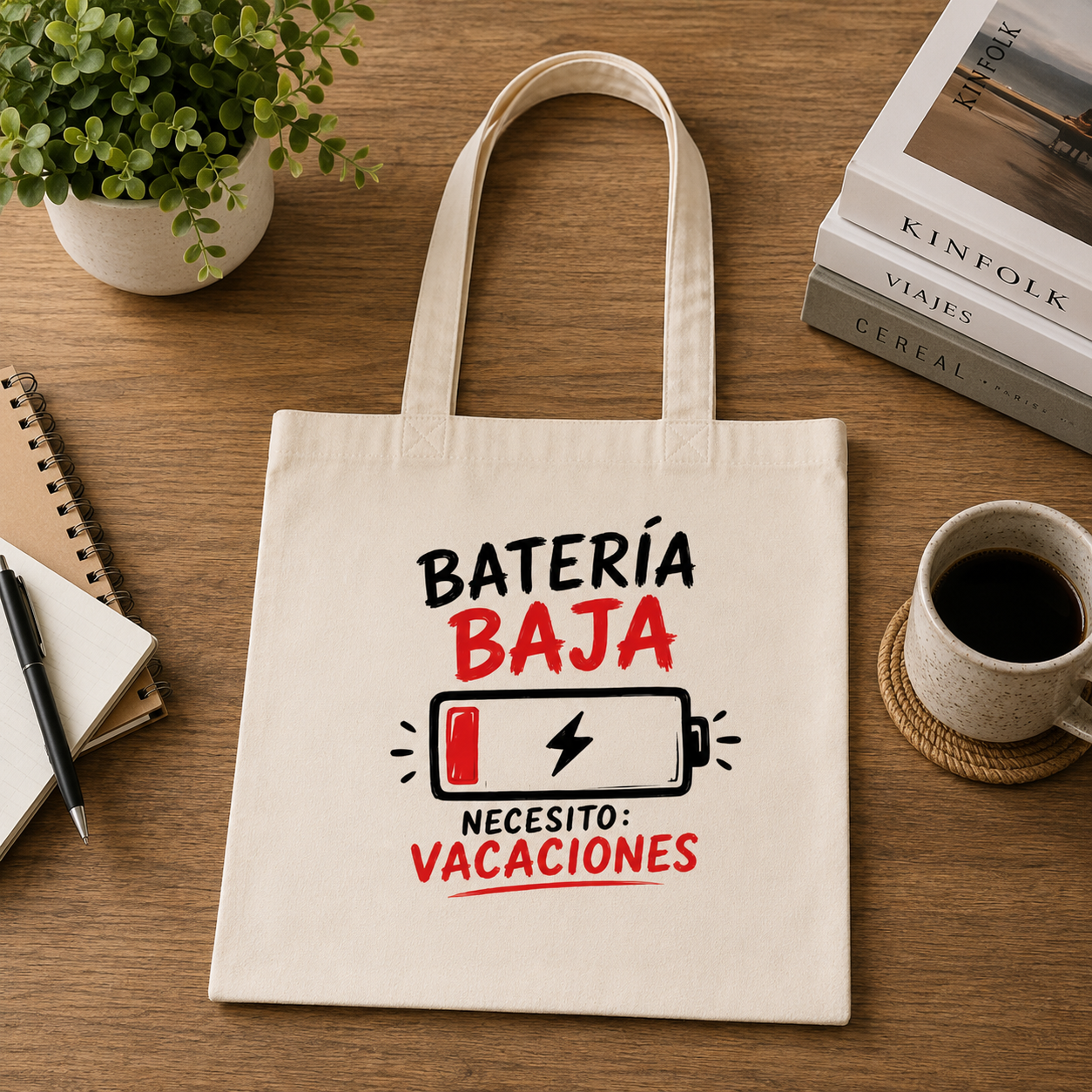 Tote Bag Batería Baja, Necesito Vacaciones