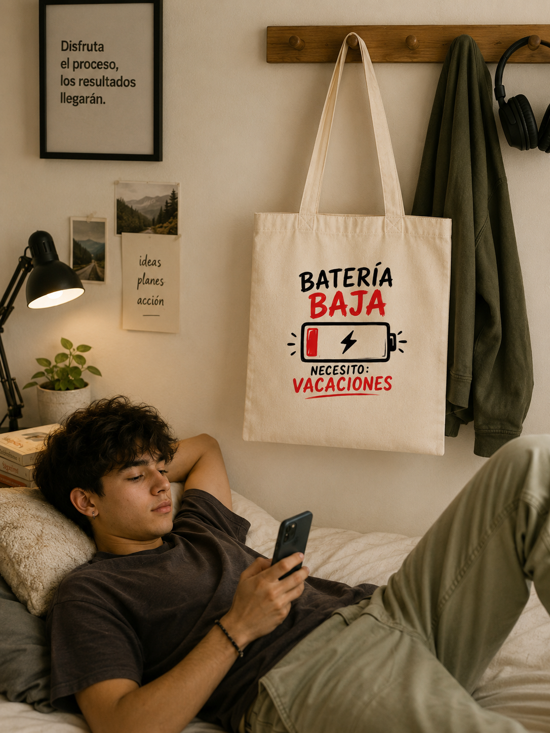 Tote Bag Batería Baja, Necesito Vacaciones