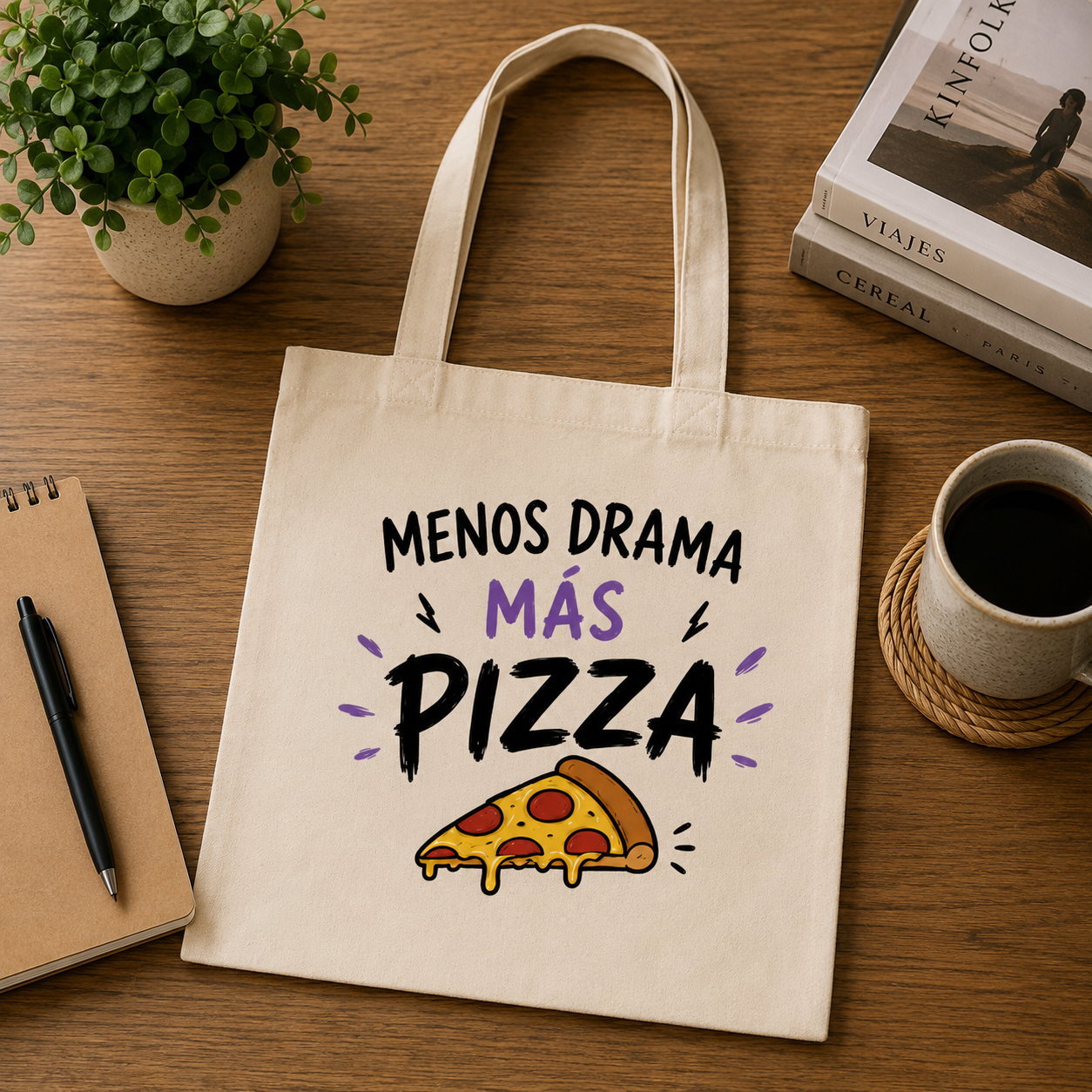 Tote Bag Menos Drama, Más Pizza