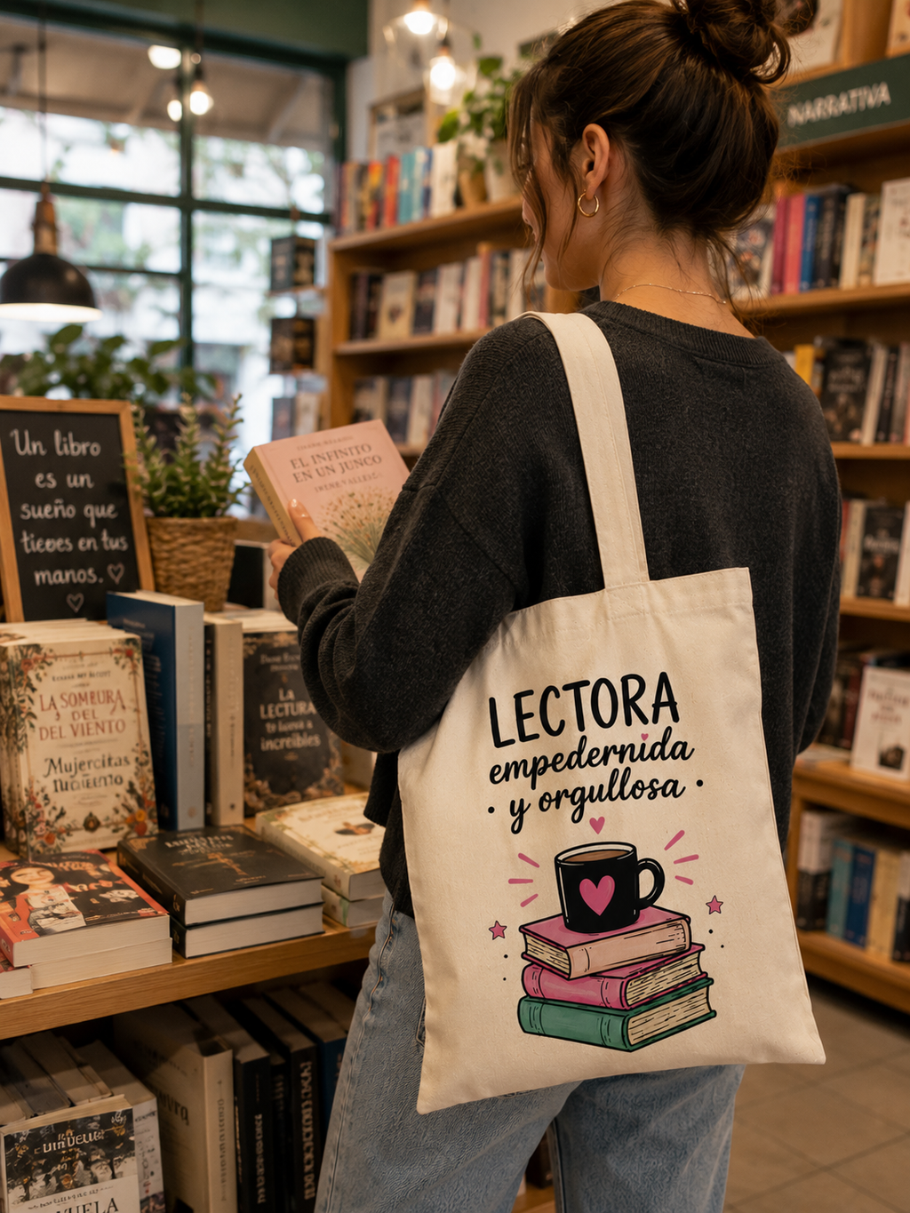 Tote Bag Algodón Frases – Lectora Empedernida y Orgullosa | Bolsa Tela Mujer 38x42 cm