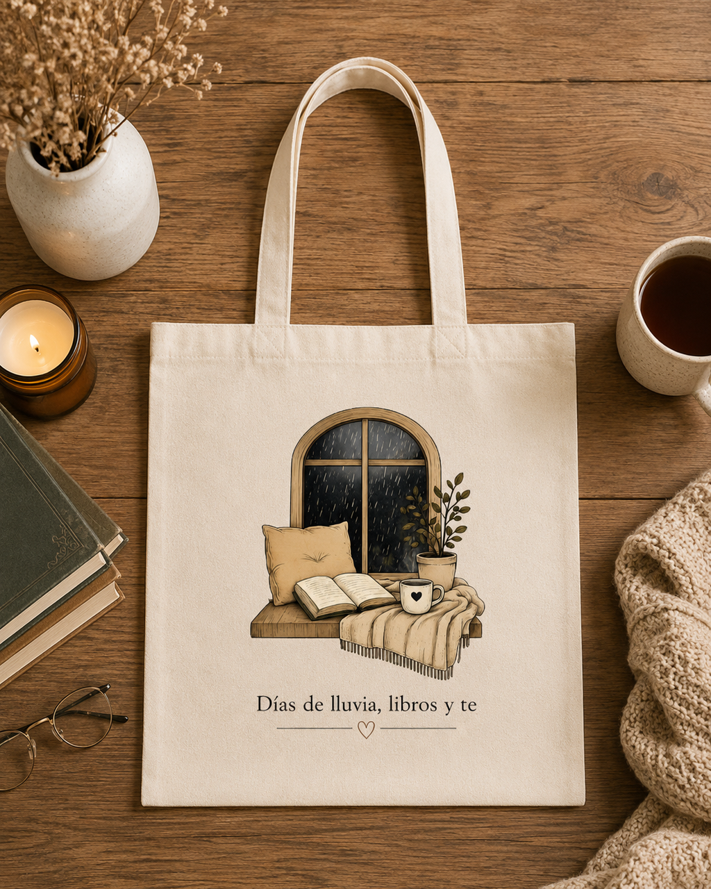 Tote Bag Días de Lluvia, Libros y Té