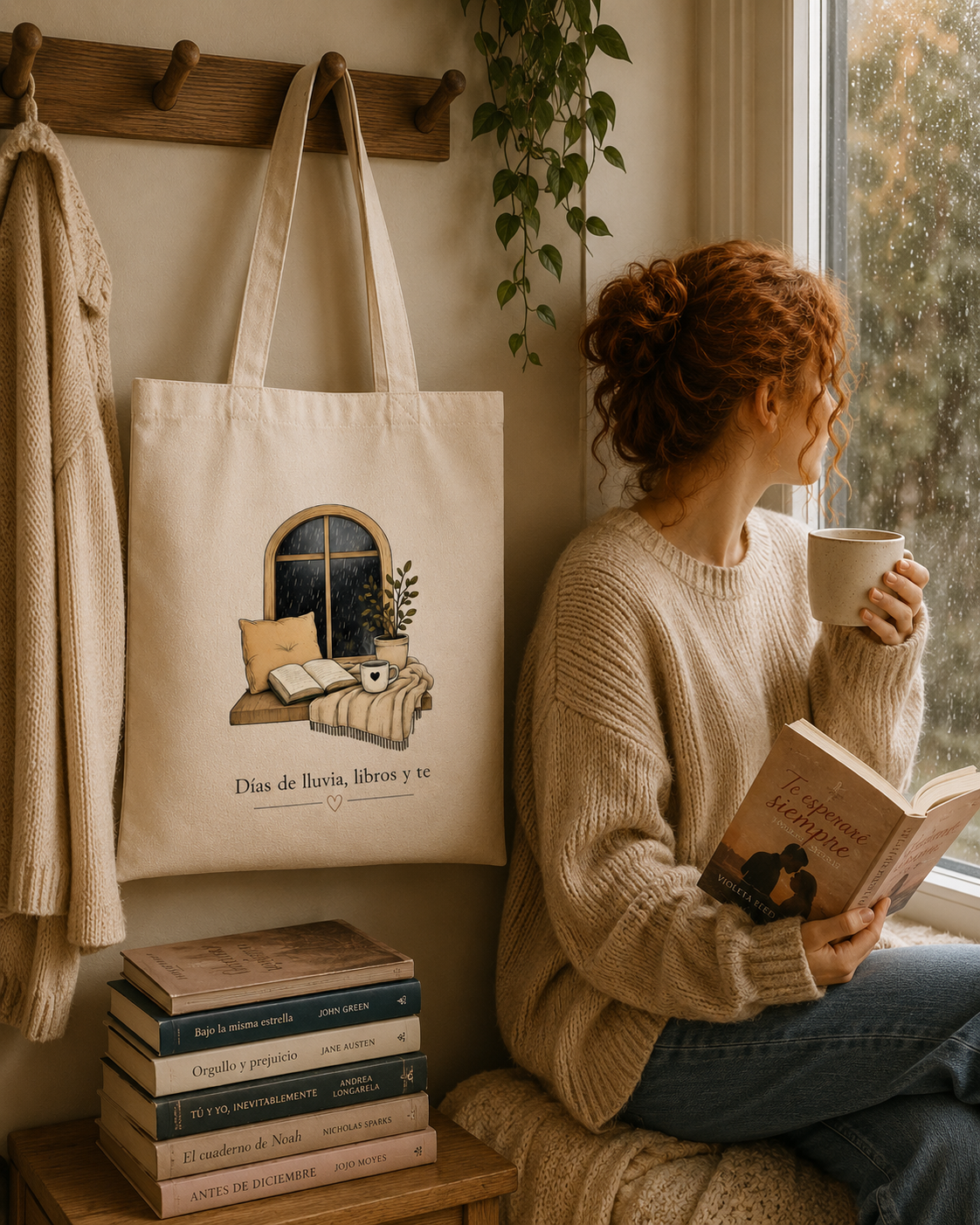 Tote Bag Días de Lluvia, Libros y Té