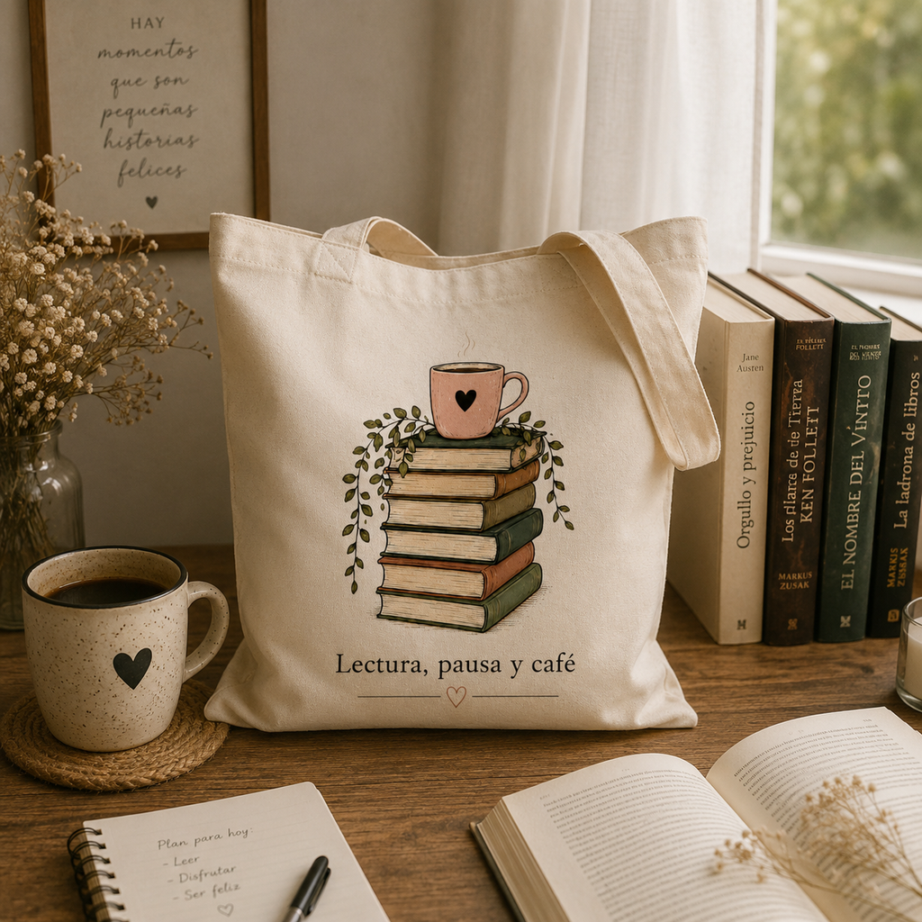 Tote Bag Lectura, Pausa y Café