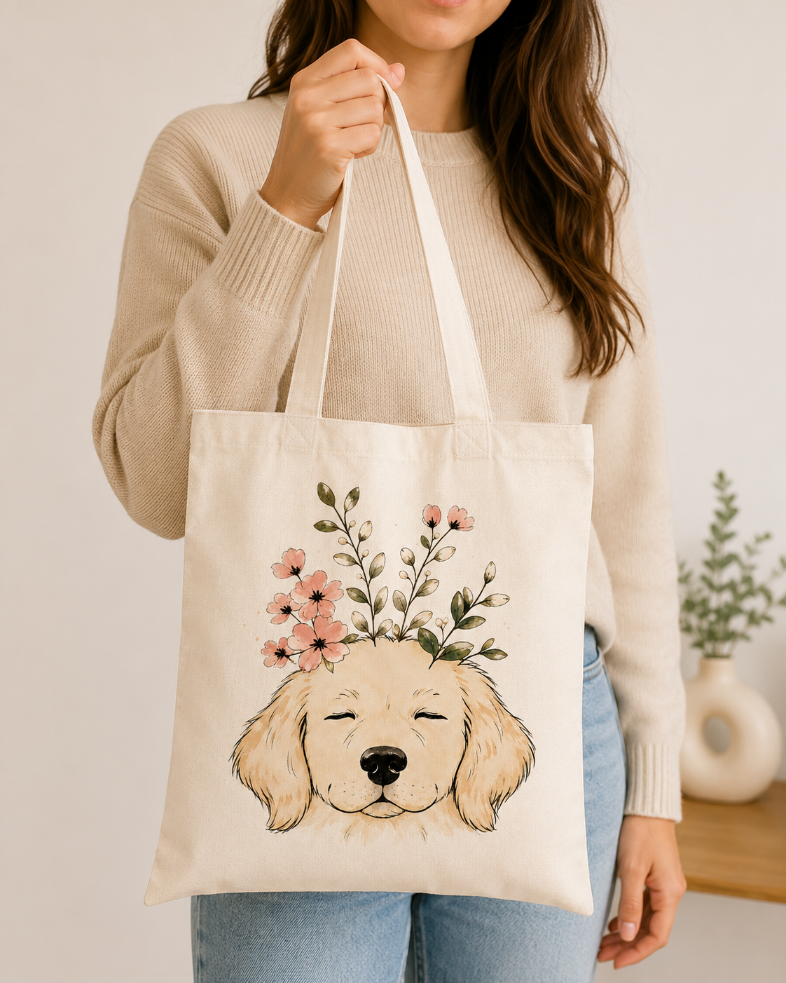Tote Bag Algodón Perros – Perrito Floral | Bolsa Tela Regalo 38x42 cm