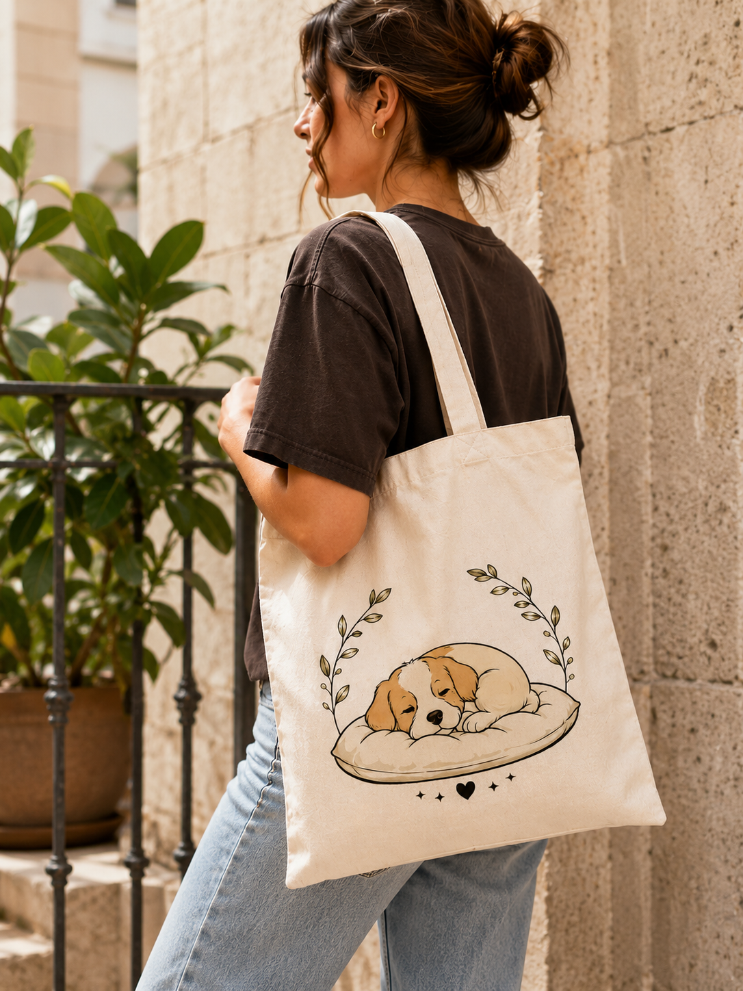 Tote Bag Algodón Perros – Dulces Sueños | Bolsa Tela Mujer 38x42 cm
