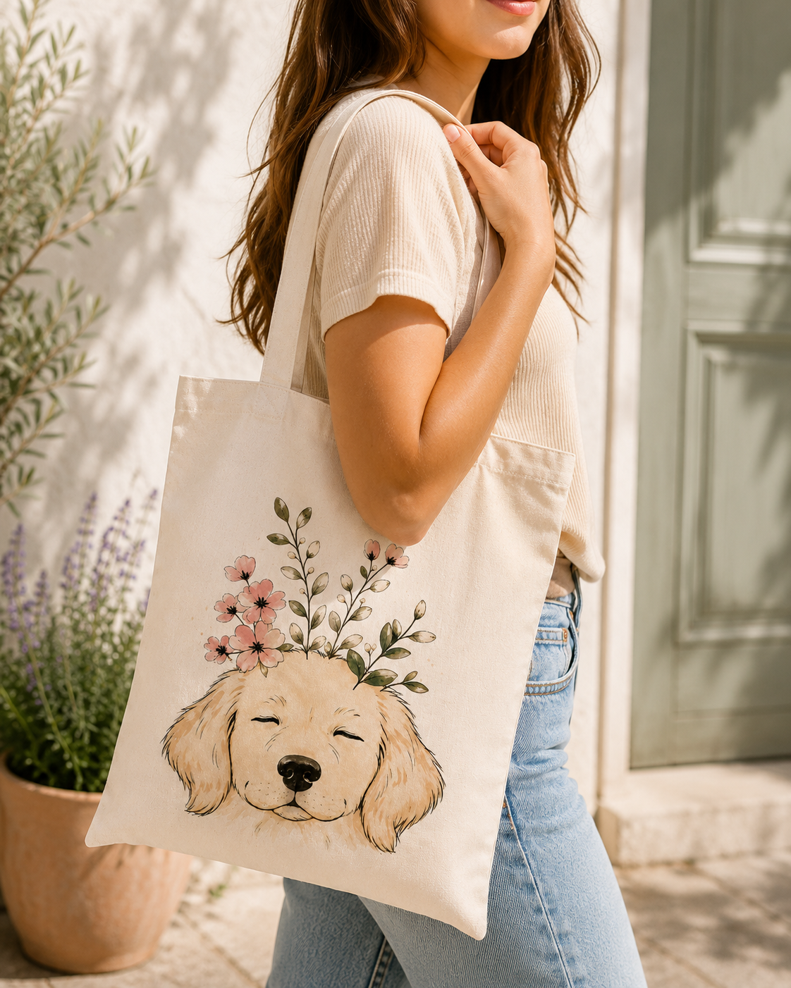 Tote Bag Algodón Perros – Perrito Floral | Bolsa Tela Regalo 38x42 cm