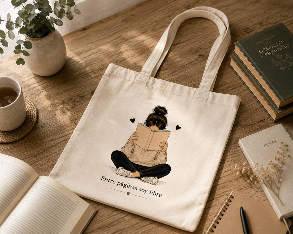 Tote Bag Algodón Lectora – Entre Páginas Soy Libre | Bolsa Tela Regalo 38x42 cm