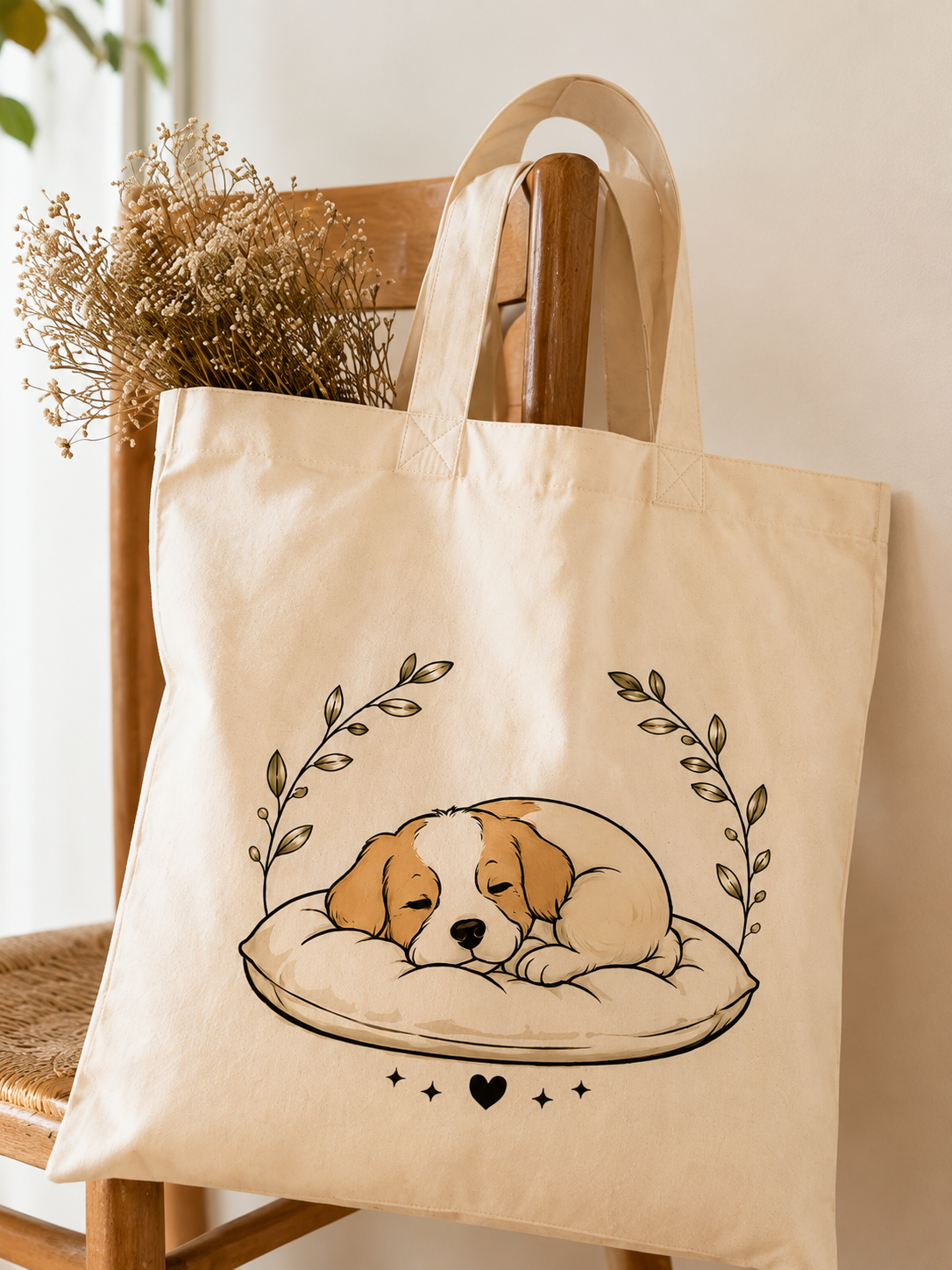 Tote Bag Algodón Perros – Dulces Sueños | Bolsa Tela Mujer 38x42 cm