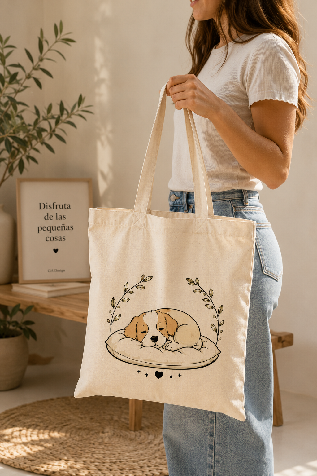 Tote Bag Algodón Perros – Dulces Sueños | Bolsa Tela Mujer 38x42 cm