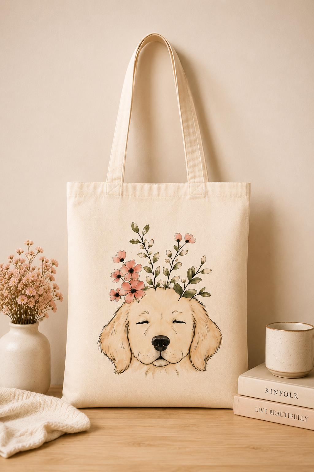 Tote Bag Algodón Perros – Perrito Floral | Bolsa Tela Regalo 38x42 cm