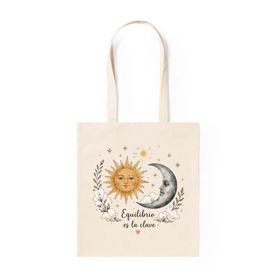 Tote Bag de Algodón con Sol y Luna "Equilibrio es la Clave"