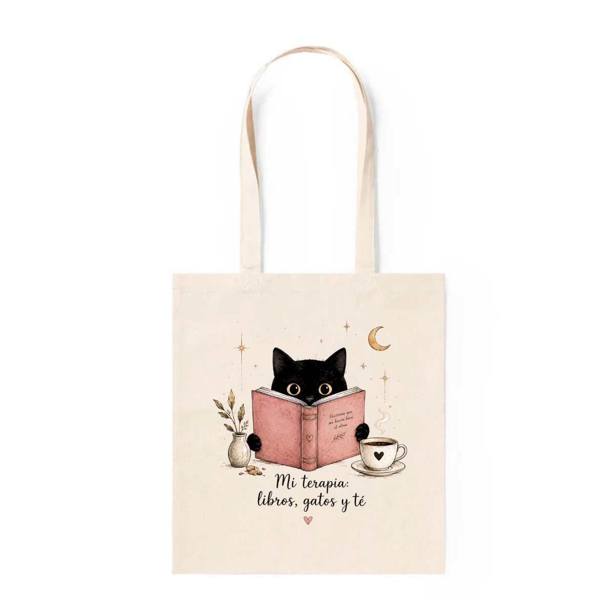 Tote Bag de Algodón con Gato "Mi Terapia: Libros, Gatos y Té"
