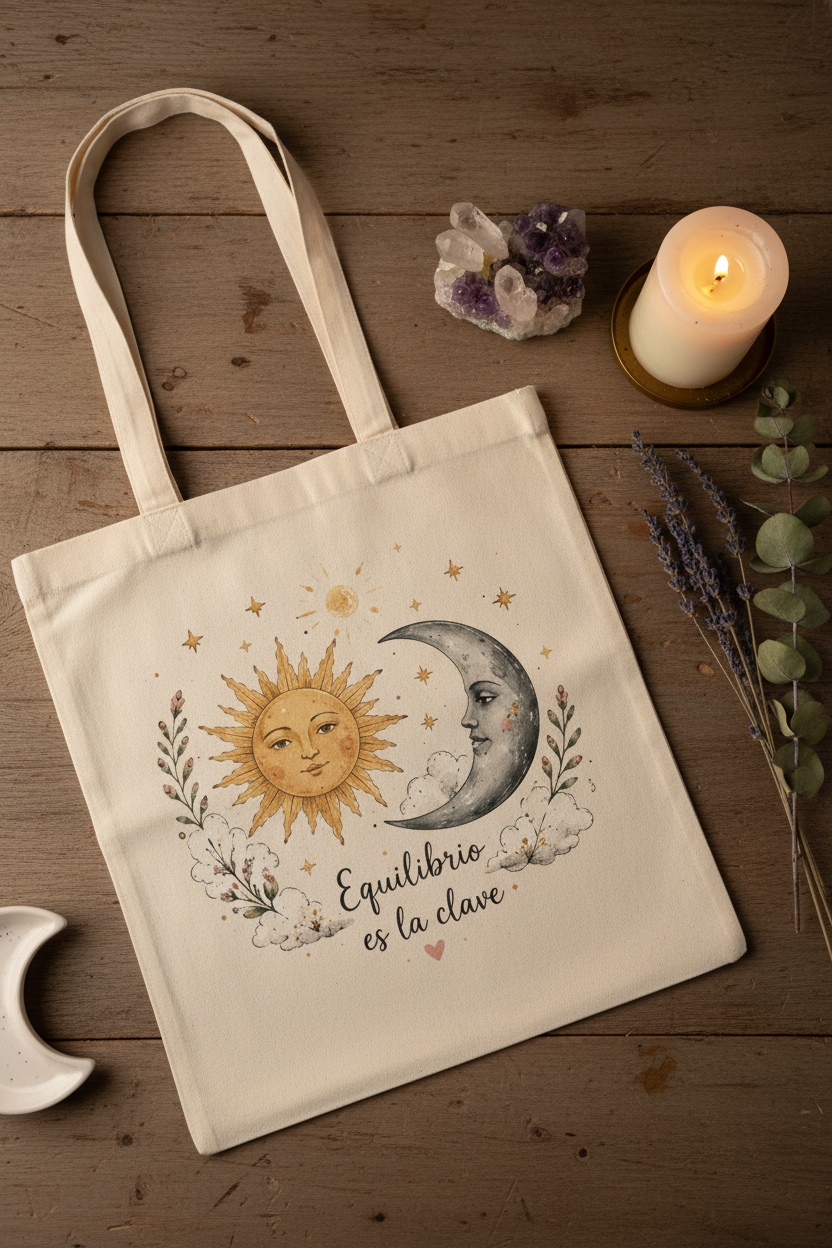 Tote Bag de Algodón con Sol y Luna "Equilibrio es la Clave"