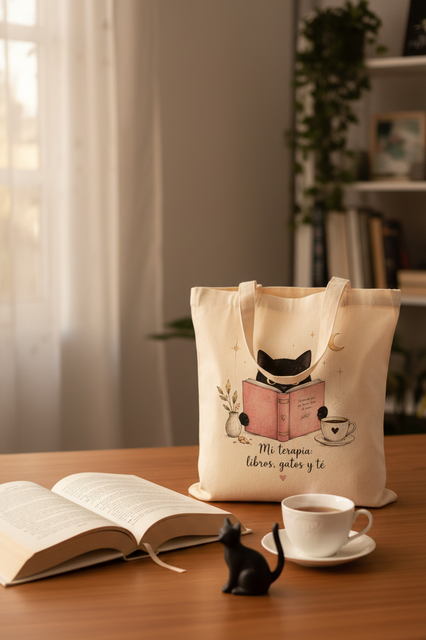 Tote Bag de Algodón con Gato "Mi Terapia: Libros, Gatos y Té"