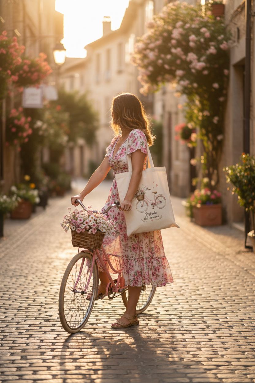 Ambiente 3 – Mujer en bicicleta por calle empedrada