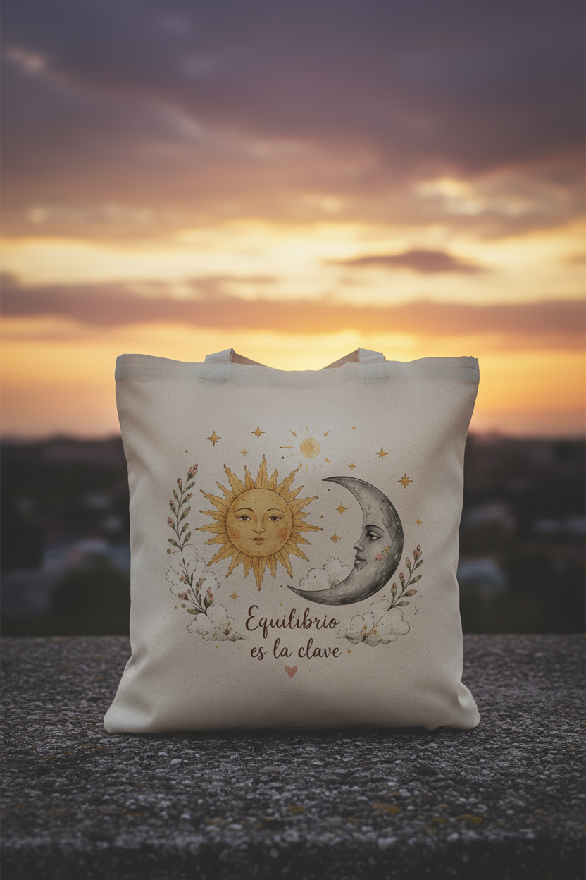 Tote Bag de Algodón con Sol y Luna "Equilibrio es la Clave"