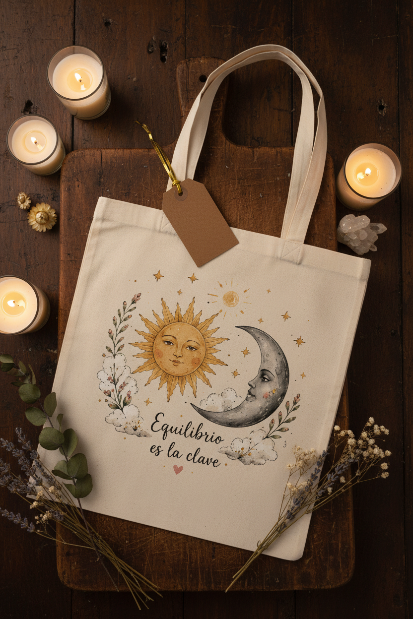Tote Bag de Algodón con Sol y Luna "Equilibrio es la Clave"