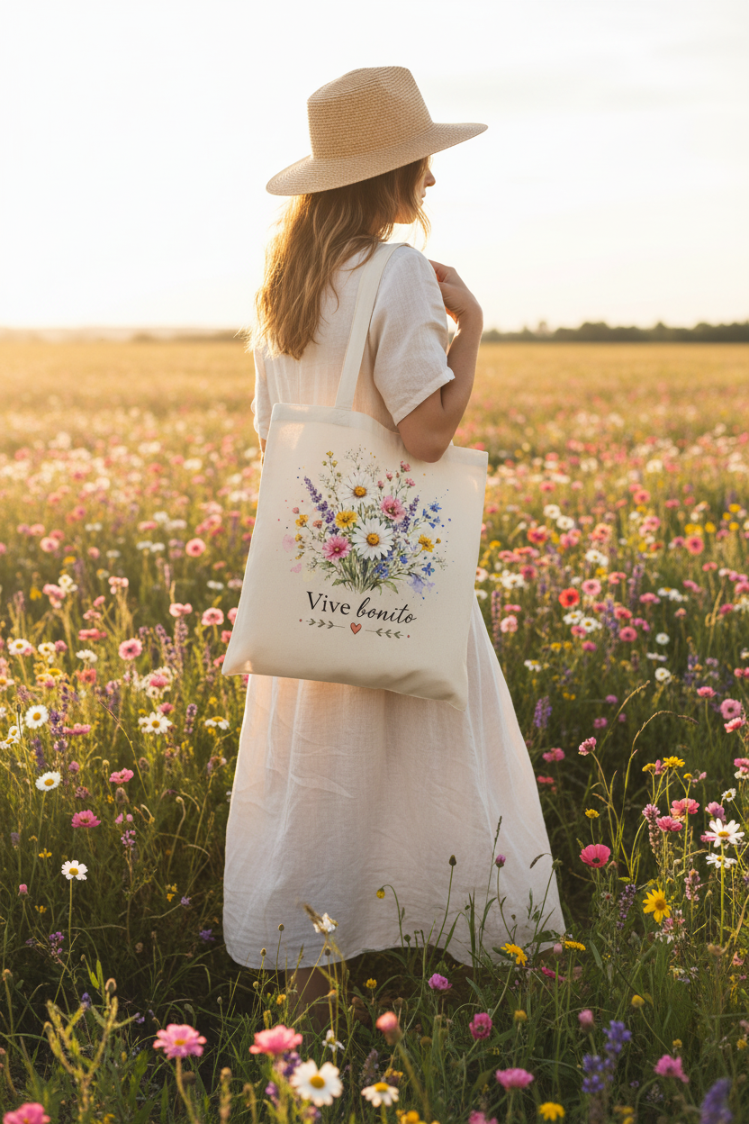 Mujer en prado con bolsa de tela con flores silvestres en acuarela