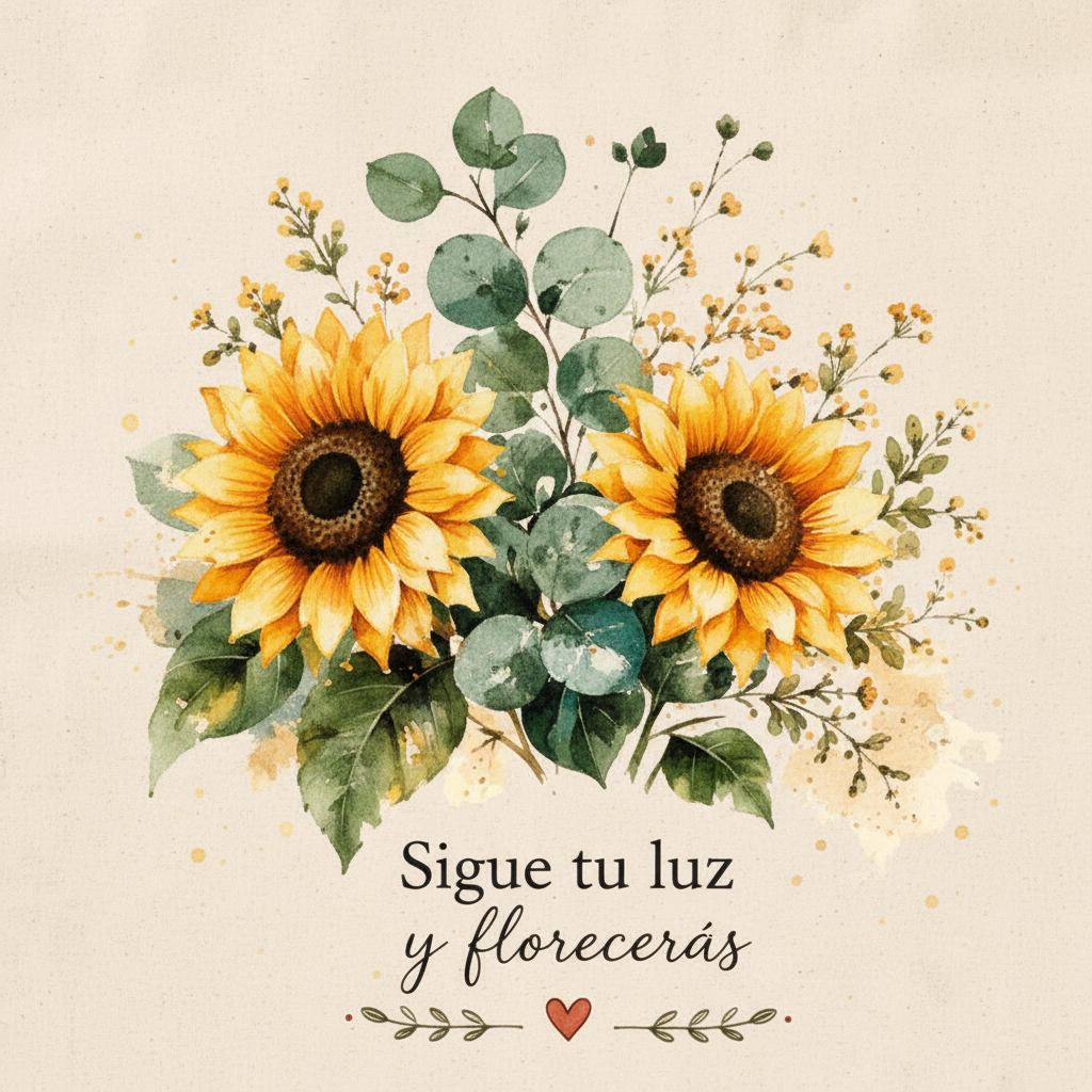 Detalle del estampado de girasoles y texto Sigue tu luz y florecerás