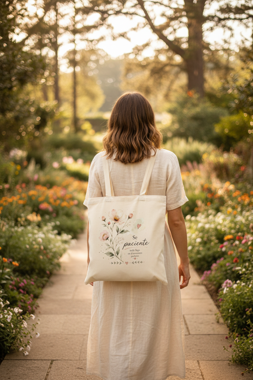 Mujer paseando con bolsa de tela con flores silvestres en jardín botánico