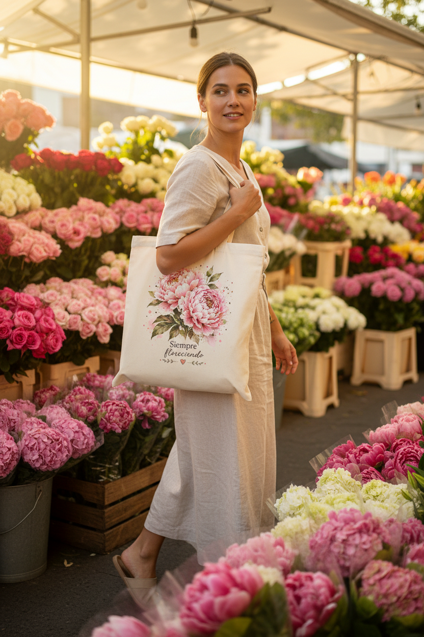 Mujer en mercado de flores con bolsa de tela con peonías rosas
