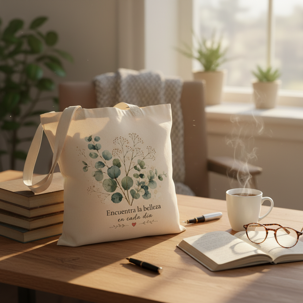 Tote Bag Eucalipto - mesa de trabajo con diario y té