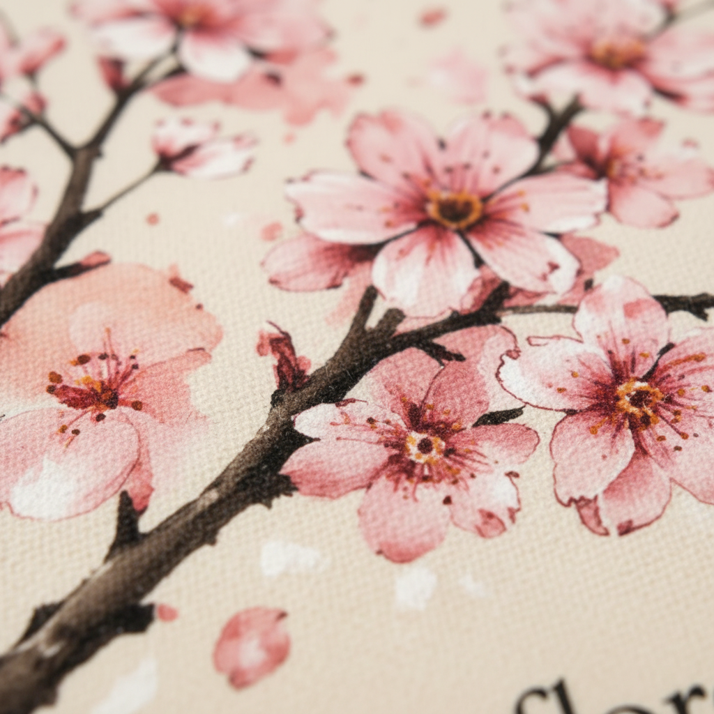 Detalle del estampado de flores de cerezo y texto Que florezcan tus sueños