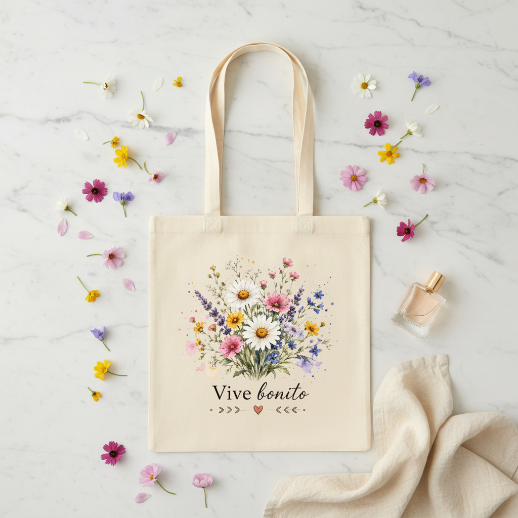 Bolsa de tela con flores silvestres sobre mármol con pétalos y perfume