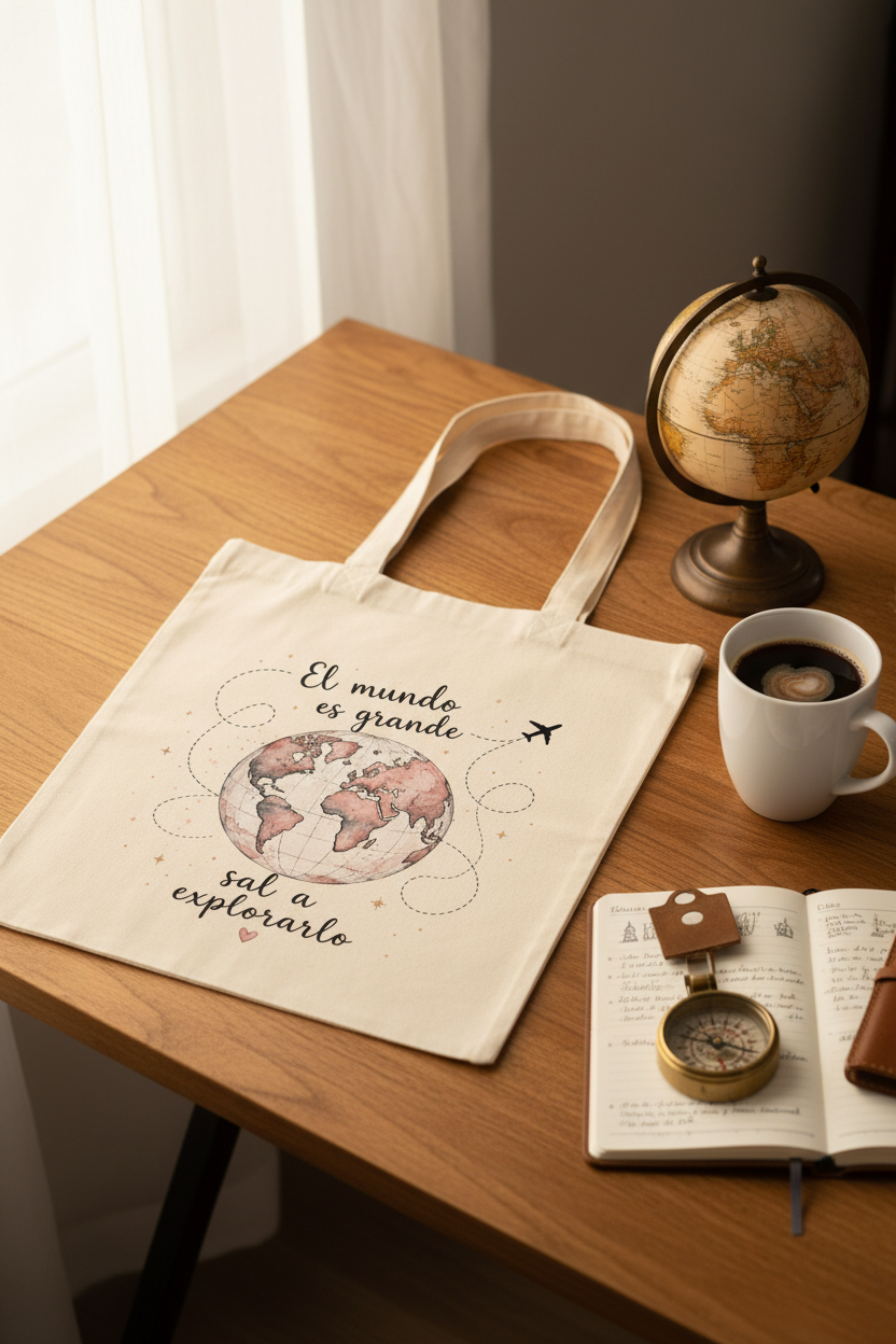 Tote bag globo terráqueo sobre mesa con diario de viaje, brújula y café