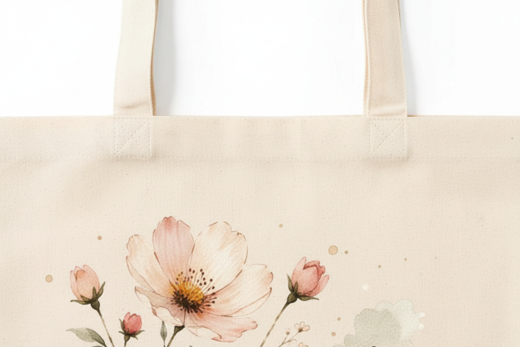 Detalle de las asas largas y textura del algodón de la bolsa Se paciente
