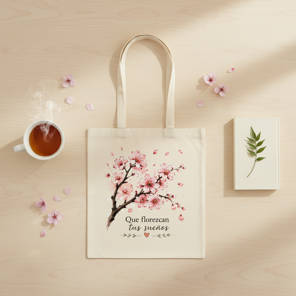 Bolsa de tela con flores de cerezo sobre mesa de madera con pétalos y taza de té