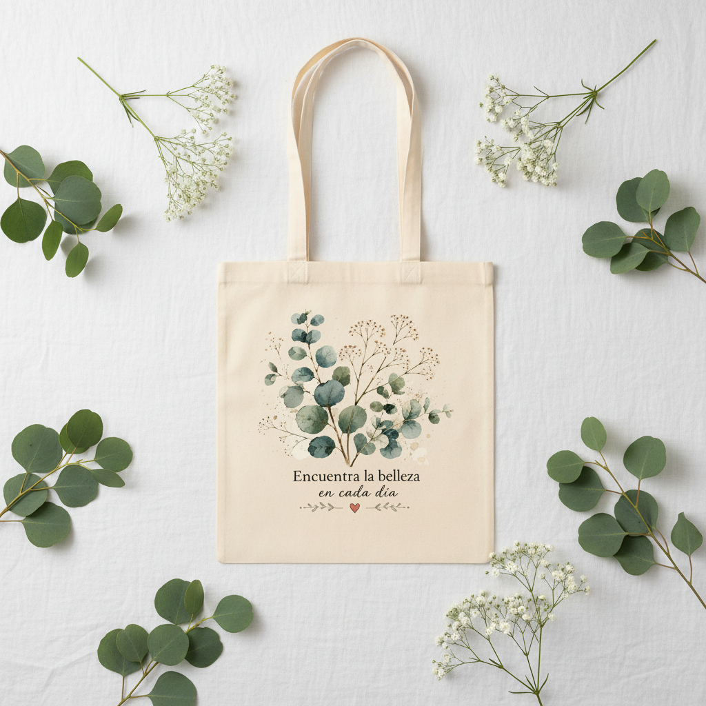 Tote Bag Eucalipto - flat lay con eucalipto