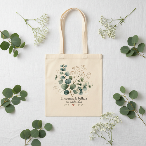 Tote Bag Eucalipto - flat lay con eucalipto