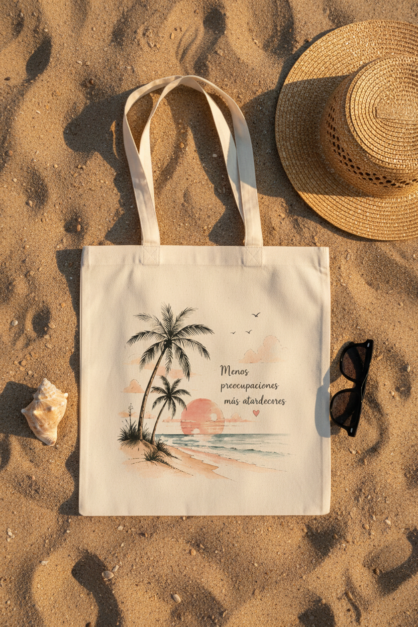Tote Bag Atardecer - flat lay arena