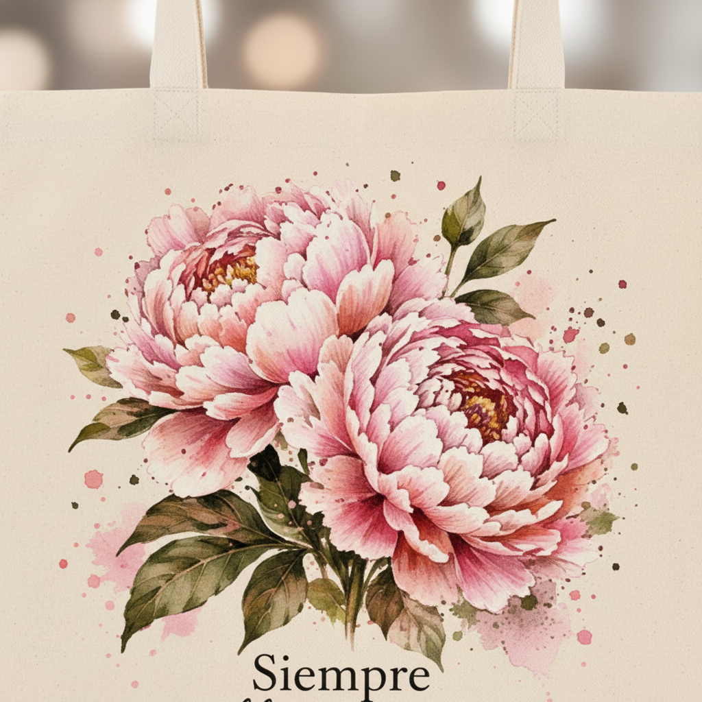 Detalle del estampado de peonías rosas y texto Siempre floreciendo