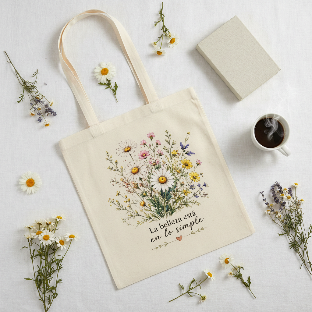 Flat lay tote bag con flores secas y libro