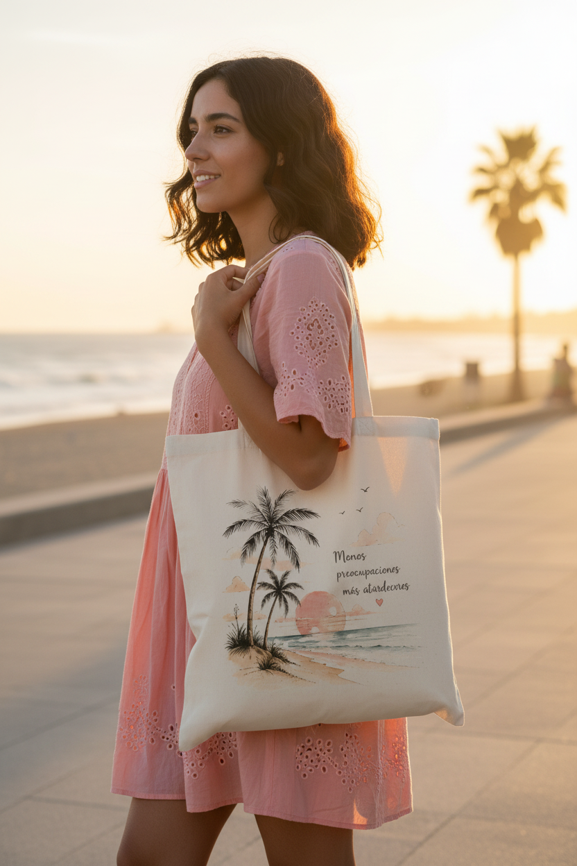 Tote Bag Atardecer - chica en playa