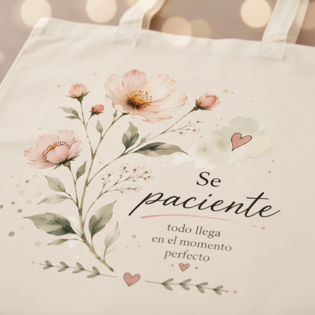 Detalle del estampado de flores silvestres y texto Se paciente todo llega en el momento perfecto
