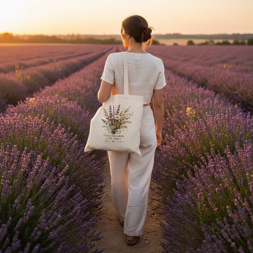 Tote Bag Crece con Calma - lifestyle campo de lavanda