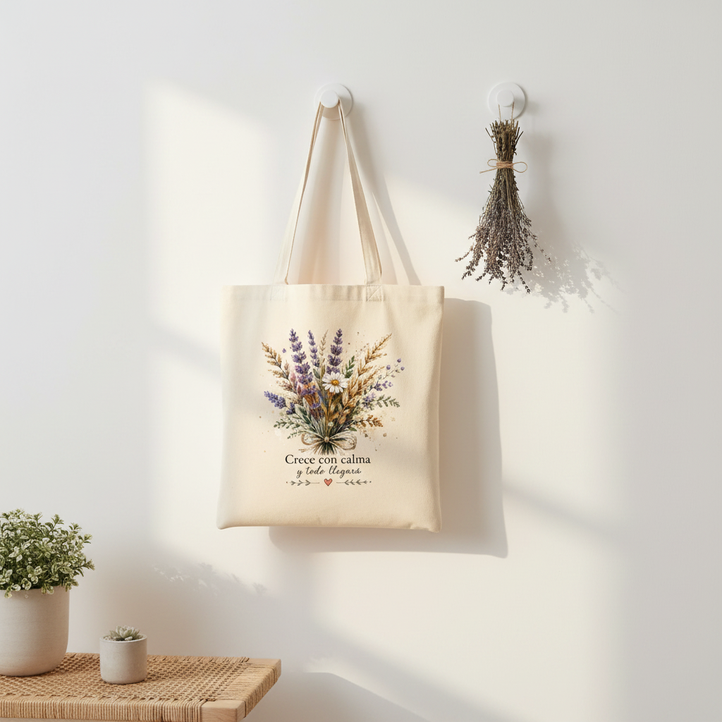 Tote Bag Crece con Calma - colgada en interior minimalista