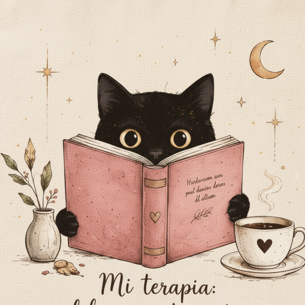 Primer plano del diseño de la tote bag con gato negro leyendo, luna, estrellas y texto Mi terapia libros gatos y té