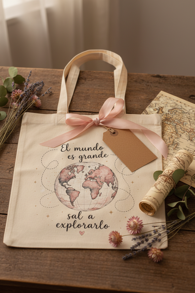 Tote bag globo terráqueo presentada como regalo con mapa vintage y flores secas